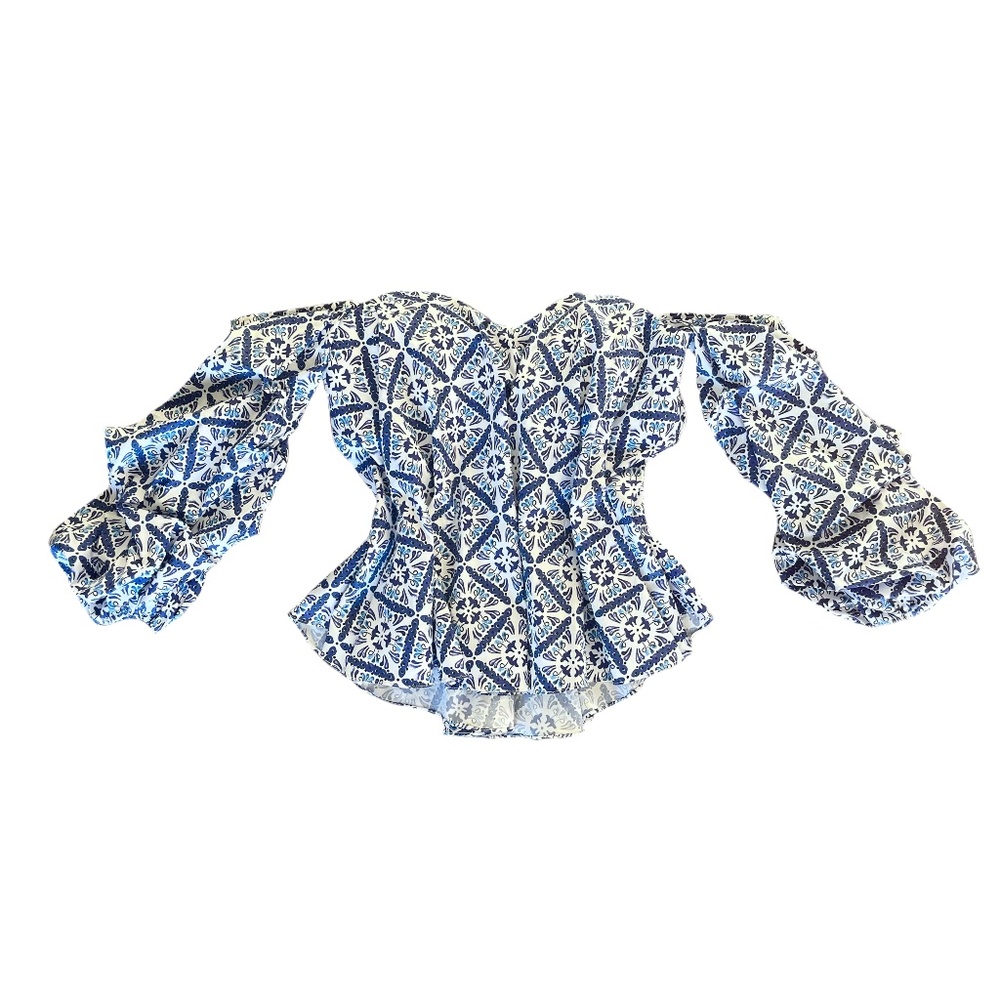 Caroline Constas Gabriella Blue/White Tile Print Off-The-Shoulder Bustier Sz M